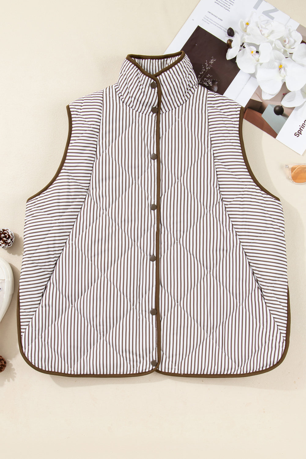 Brown Stripe Quilted Vest Plus Size Snap Button Wavy Hem Dear-Lover Dropshipping